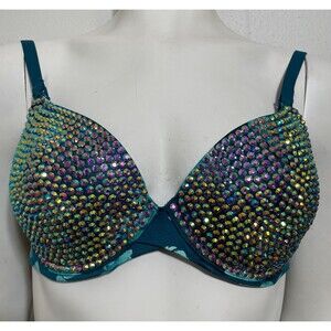 Teal Floral Size 32D AB Amethyst Rhinestone Sparkle Bra Rave Festival Burlesque